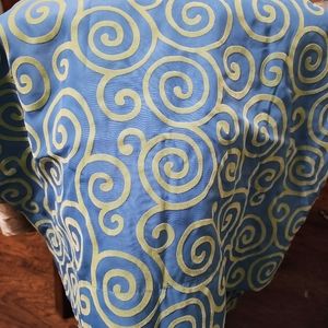 Curtains blue and swirls  light lime green flocking texture